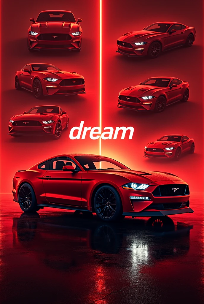 Create a wallpaper with mustang collage and with red lighting background and write in middle Dream