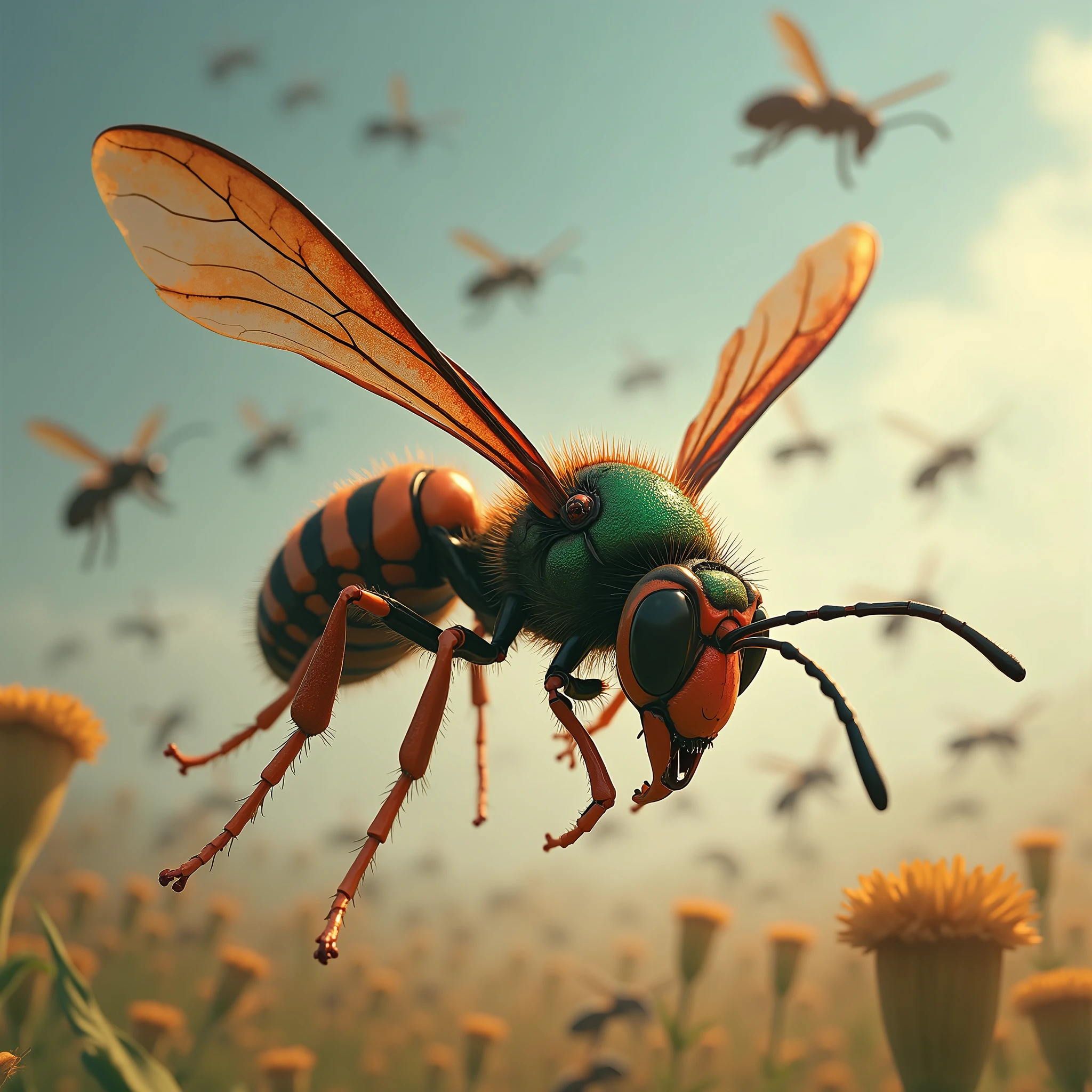 Une Reine Guêpe [Polistes Hebraeus] Un Essain de Haute Qualité, (Aèrien), Les Créatures Menancantes, Dards (Tendue) Attaque (Ample Plentiful) , Dangereuse, Hors norme, (Agitées) Green (Menace) RedDanger, Une Nuée. Créatures Organisées. (Photo Telescopique Ouvert) Créatures Intelligentes. Pollens Particules. SKY ATMOSPHERE.