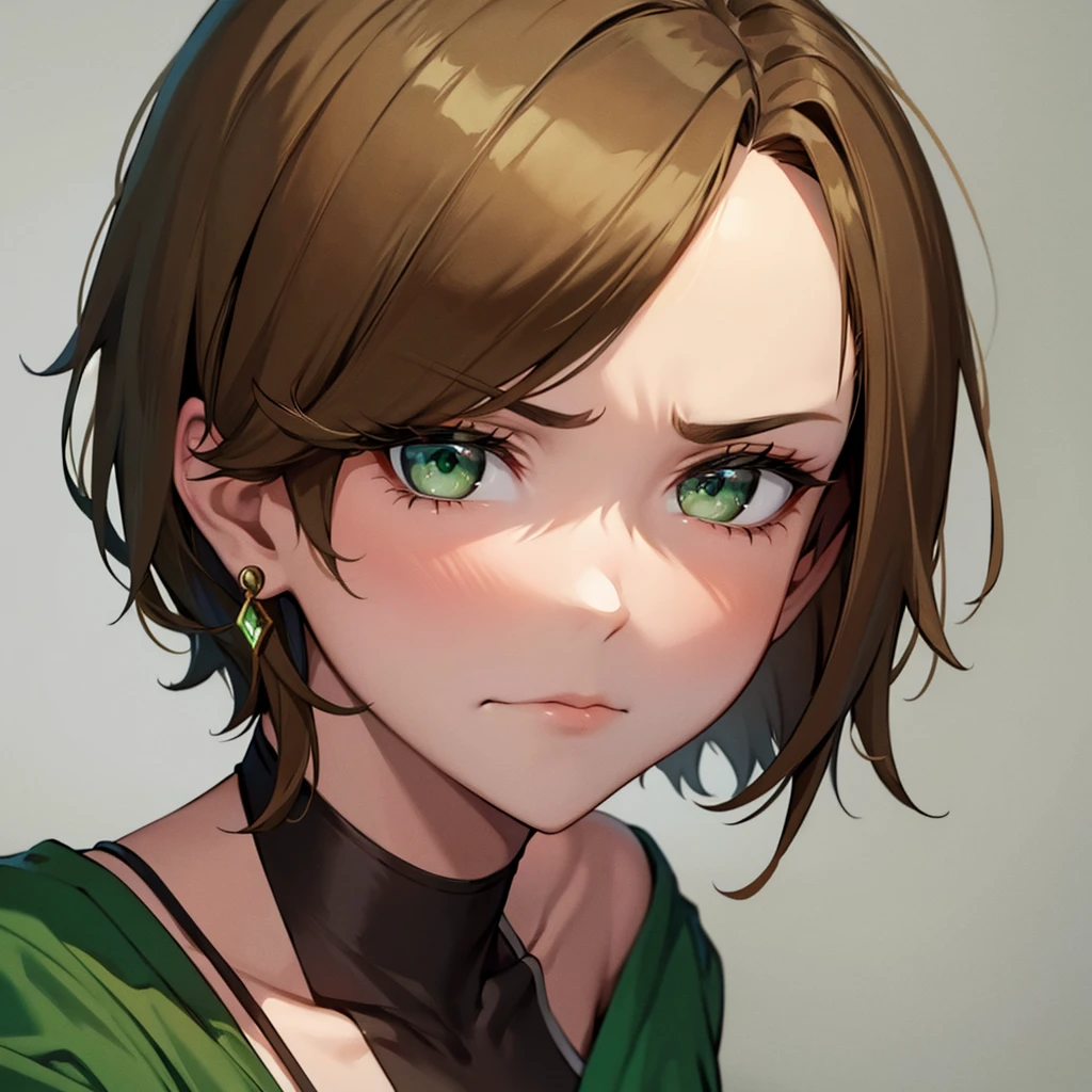 short hair, Brown hair, Breasts, Bright green eyes,Frowning, earrings,