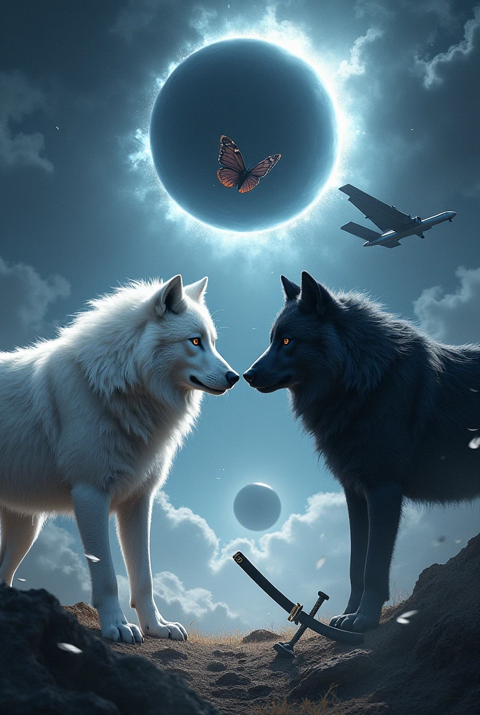White Wolf, black wolf, who confronts, with an eagle and a butterfly, in the background a black hole Des dee an airplane, katana