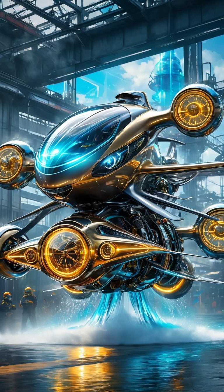 fusion of drone, motorcycles and hovercraft, flying motorcycle, four propellers, futuristic streamlined form, fusion of (cyber, diesel, clock, steam) punk and (water, fire, earth, wind) punk, iridescent glitter effects, conceptual installation art, (ultra detailed, absolutely resolution, best quality:1.3), 2.5D, delicate and dynamic, iridescent effects, artistic, hyper, graphic CG digital art