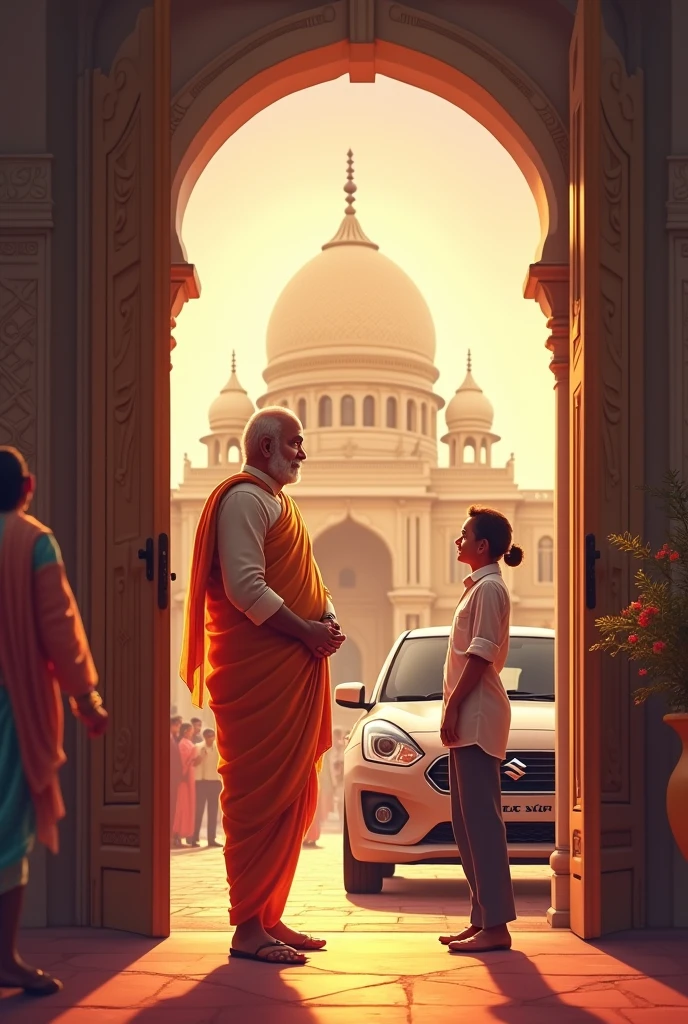 Middleclass
father making bye to bride marriage Hall,groom waiting near the suzuki maruthi swift car outside the hall in the background south Indian style