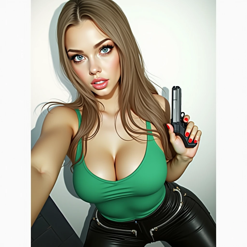 Long light Brown hair, (blue eyes), woman, (detailed eyes), pouty lips, dressed in black leather, (holding a pistol), dark, dynamic pose, (8k, RAW photo, photorealistic), (lots of eyelashes, best quality, ultra high resolution, depth of field, wide light, natural color, picture from distance, hair with many details, beautiful, ana de armas, medium breasts, 8k artgerm bokeh, fanart best artstation, render photorealistic, art in the style of guweiz, inspired by WLOP, ig model | artgerm, deviantart artstation cgscosiety, dark city background, landscape view, full image, full body, landscape