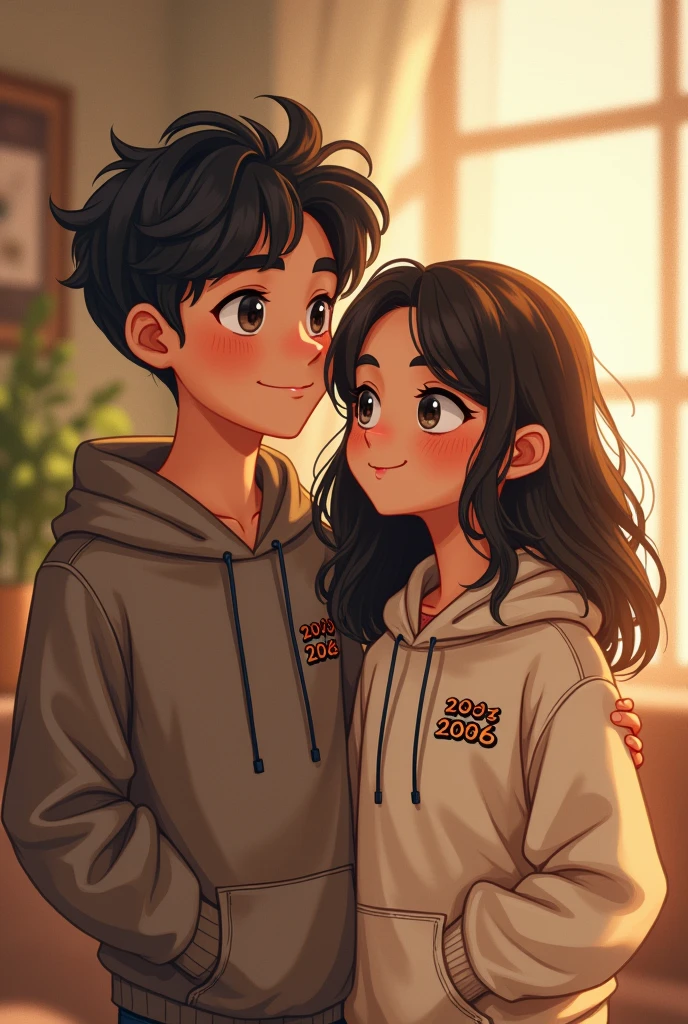Adult Cute boy who wears 2004 hoodie and cute adult girl who wears 2006 hoodie