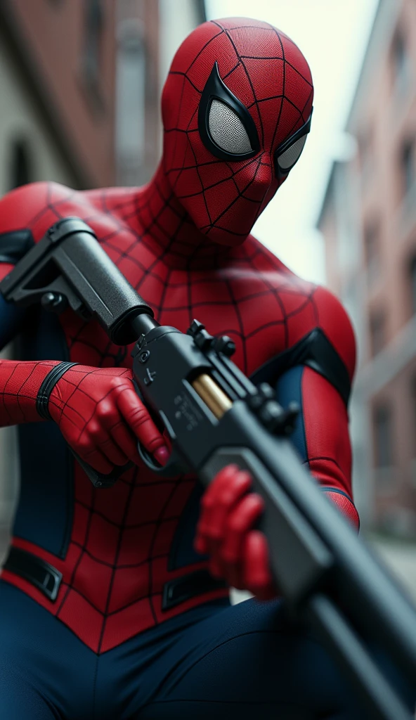 Low angle shot of SPIDERMAN holding a shotgun. digital art, 64k high quality detailed art, 3d render character art 64k, detailed digital 3d fantasy art, detailed fantasy digital art, 64k detailed digital art, hyper realistic textures, natural textures, elegant, super detailed, photo realistic, ultra realistic, intricate details, Cinematic, ambient occlusion, volumetric lighting, shot on Sony A7S III, f/ 9. 0, 1/ 500, sharp focus 64k unsaturated, masterpiece, best qual cinematic Sony A7S III, shallow depth of field, 100mm f/2.4, natural light, cinematic, widescreen aspect ratio, Cinematic Dramatic, inside epic place, epic background, film noir, Sci-fi film style, natural textures, hyper-maximalist, sharp focus, dynamic pose.