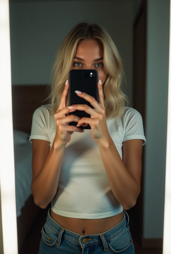 Photo of a young blonde girl taking a selfie in her bedroom, striking a very sexy pose with her phone in front of her mirror. She hides her face completely. She's of average build. The mirror is equipped with white LEDs. She is dressed.