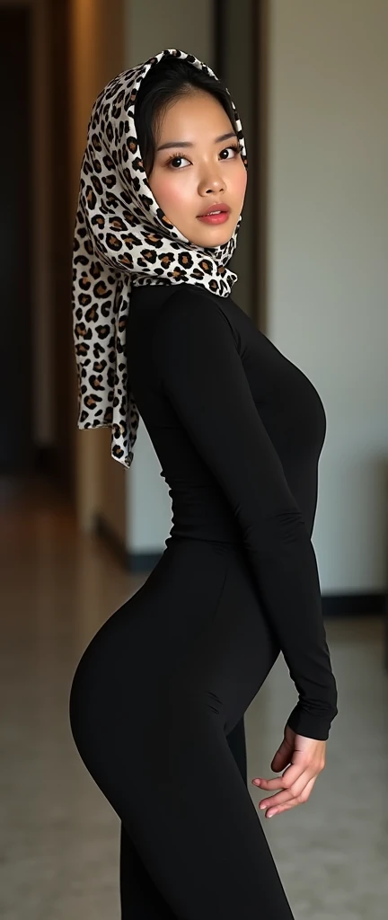 A most beautiful and thin 29 years old taiwan contortion girl wears white leopard Lycra turtleneck unitard catsuit covered with seamless black leopard paterns.She always wear leopard print Lycra dancewear hijab-like hood.She has beautiful cheeks on her face.She is take part for contortion performance.She performs contortion in the house.