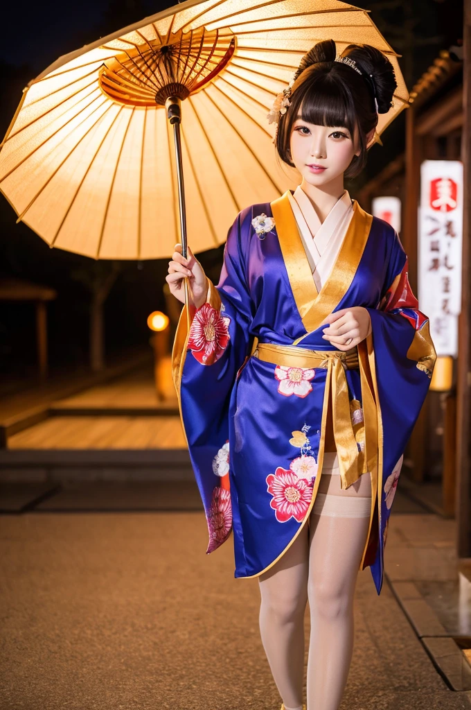 A geisha wearing a flashy kimono with beige pantyhose