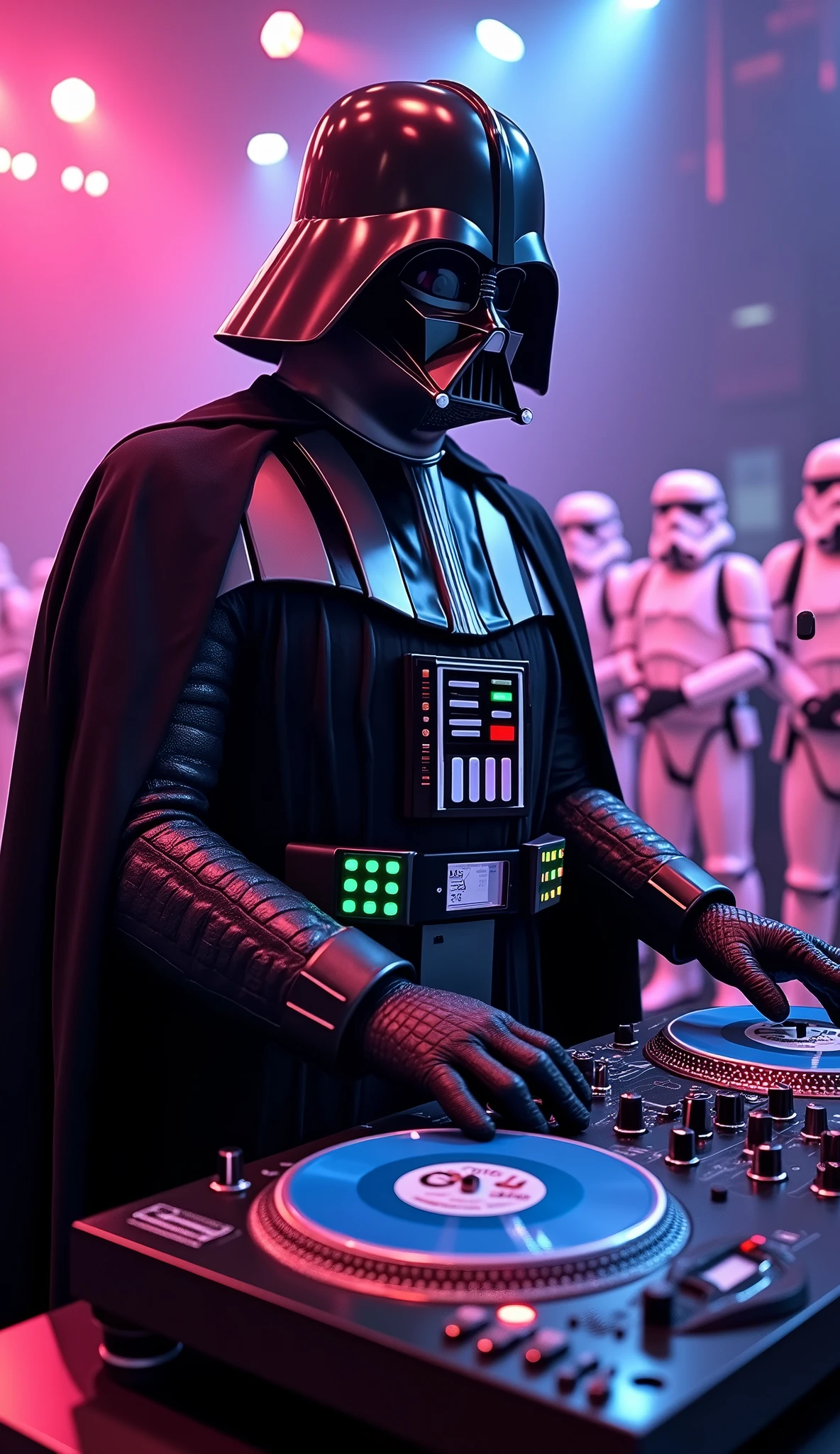 darth vader Djing on record playing Technics record player turntables with starwars picture disc records being played on the technics Sl1210s and a old school 2 channel dj mixer in between lines of marching stormtroopers
