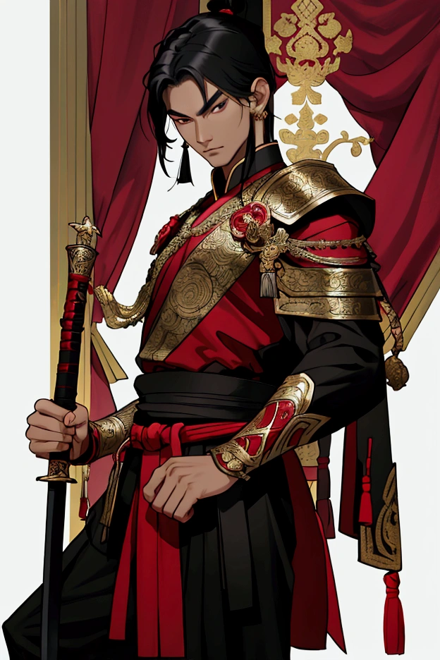 His Majesty is black, Male characters,black hair,Black eyebrows,Wearing black and red Thai armor,Holding a Thai sword,Wear Thai warrior pants,