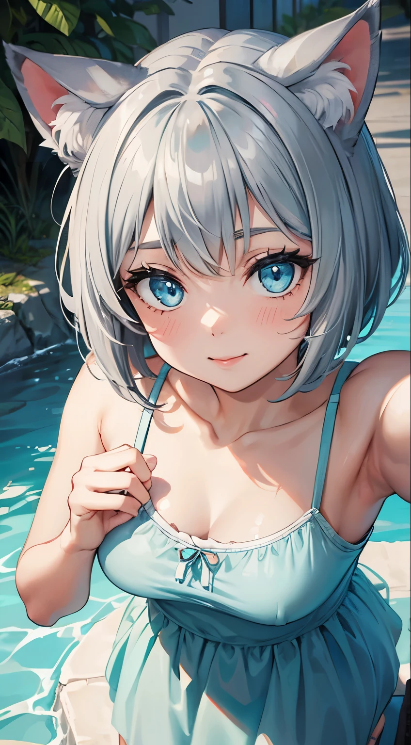 (masterpiece), (best quality), (High quality), (perfect anatomy), BREAK, expressive eyes, perfect face, 1girl, (grey cat ears: 1.5), BREAK, (medium hair, grey hair: 1.5, pixie cut), BREAK, (big eyes, perfect eyes, blue eyes, thick eyelashes), BREAK, (thin eyebrow), BREAK, (short height), slim bulid, BREAK, smiling, blush, BREAK, (medium breasts), BREAK, (cyan sundress: 1.5), (sandals), BREAK, (portrai, selfie: 1.4, upper body), BREAK, (view from front: 1.5), (nature, park), BREAK, (camera at face height, face_focus), looking at the camera,