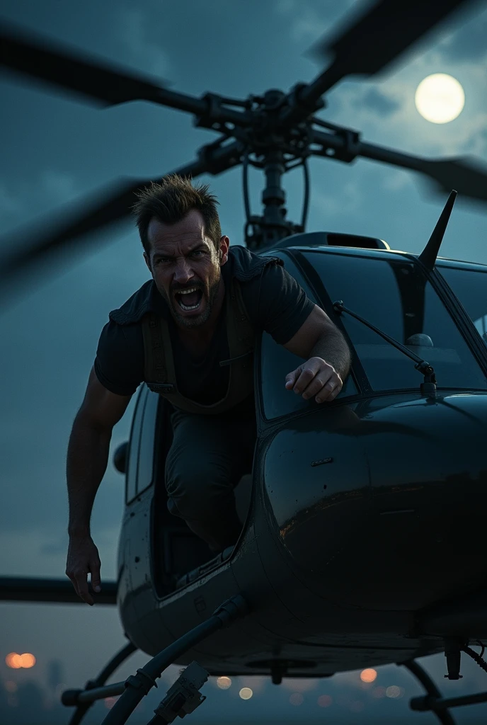 man in Helicopter , in the night , yelling