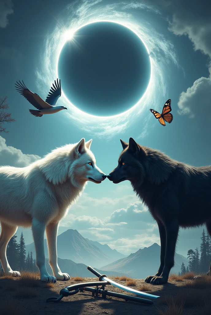 White Wolf, black wolf, who confronts, with an eagle and a butterfly, in the background a black hole Des dee an airplane, katana