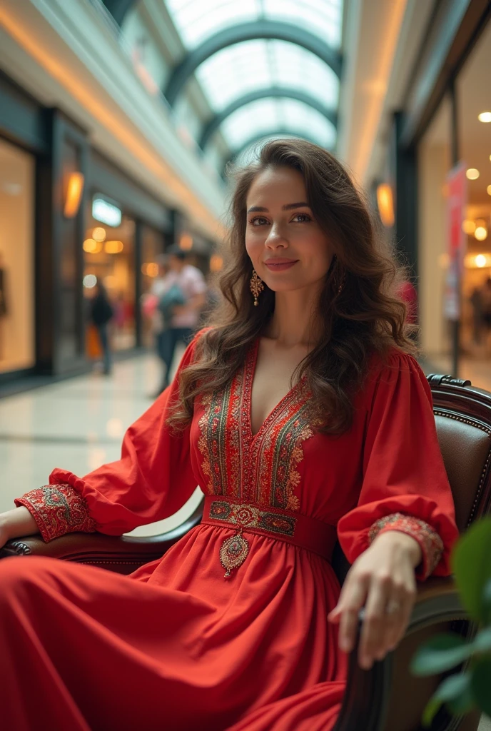 Create a photorealistic image of a beautiful woman with a slight smile on her face, wearing a traditional Turkish dress. She is seated in a modern mall environment. The scene includes contemporary mall decor with elegant shops and natural light coming from skylights or large windows. The woman’s long curly hair is styled gracefully, and her traditional attire contrasts with the modern setting. Ensure the mall's ambiance is warm and inviting, capturing a blend of cultural elegance and modern luxury. Emphasize the woman's relaxed and cheerful demeanor in this vibrant, realistic scene.
