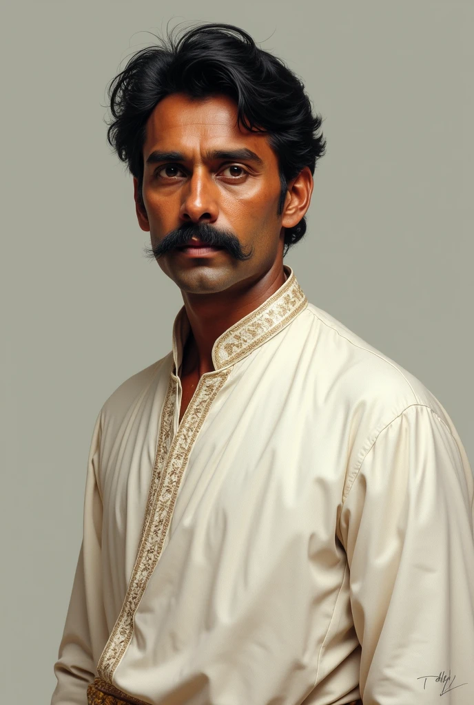 Brajeshwar ganguly, 50+ age, youthful face, above of middle age, calm face, black hair with mooch, white punjabi, west bengal man, a king of 1203 ad