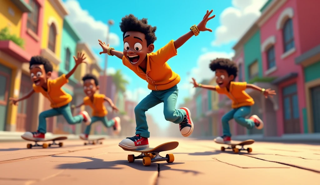 Generate me an image of a 3d cartoon african american character skateboarding with his friends .