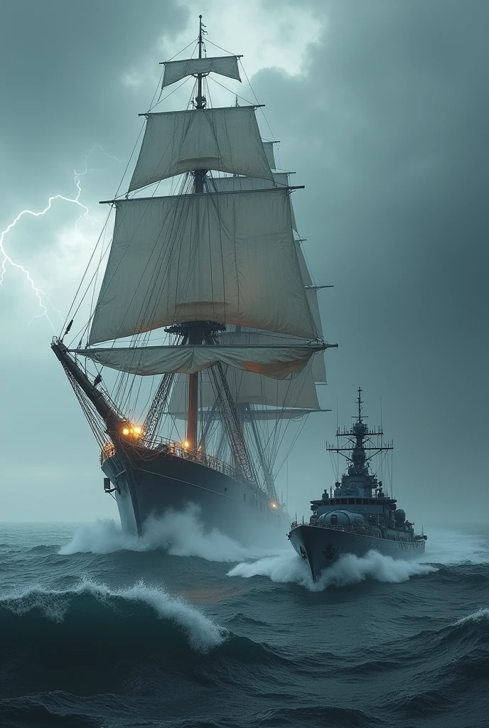 Super-large sailboat sailing in the North Sea in a storm with an army boat chasing and shooting at it.