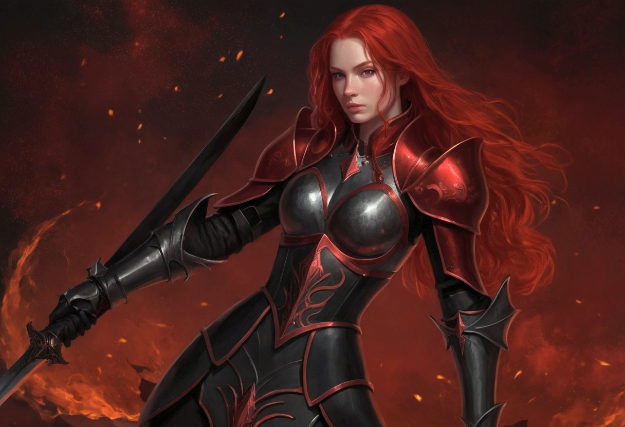 There is a woman in a black and red outfit holding a sword, female ...