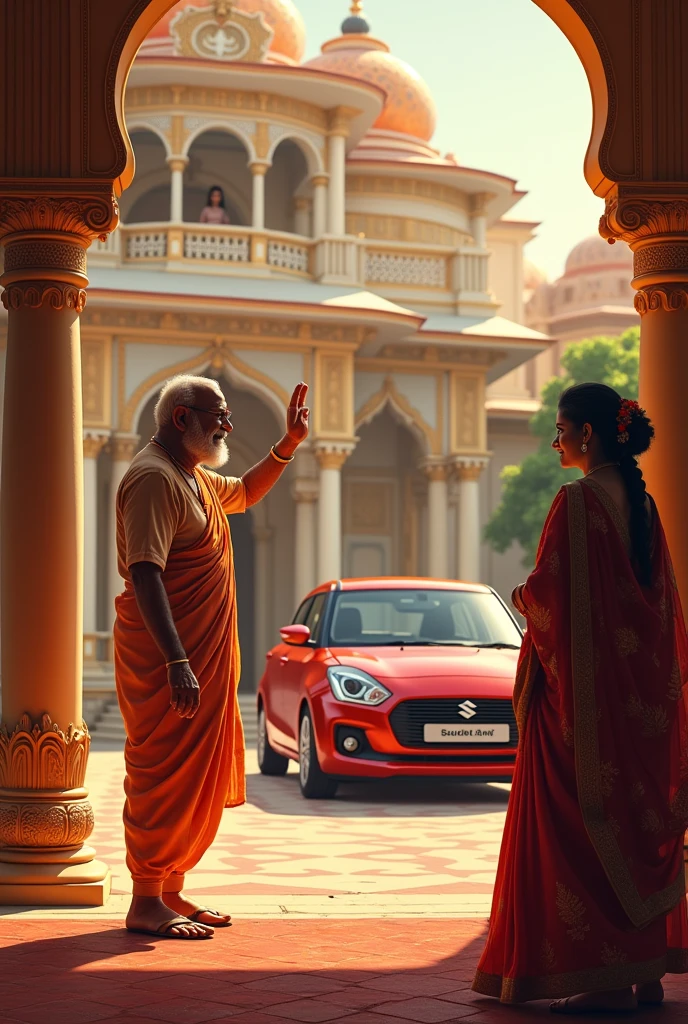 
father with shirt and dhoti making bye to bride marriage Hall,groom waiting near the suzuki maruthi swift car outside the hall in the background south Indian style