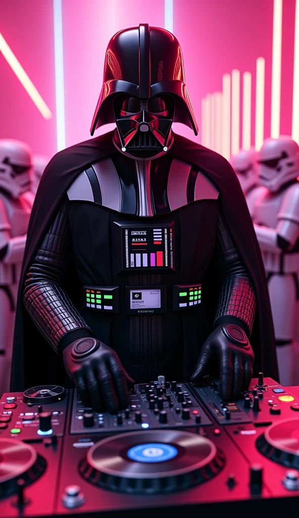 darth vader Djing on record playing Technics record player turntables with starwars picture disc records being played on the technics Sl1210s and a old school 2 channel dj mixer in between lines of marching stormtroopers