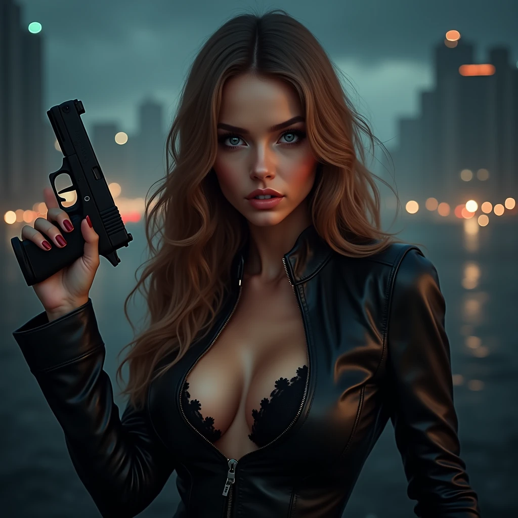 Long light Brown hair, (blue eyes), woman, (detailed eyes), pouty lips, dressed in black leather, (holding a pistol), dark, dynamic pose, (8k, RAW photo, photorealistic), (lots of eyelashes, best quality, ultra high resolution, depth of field, wide light, natural color, picture from distance, hair with many details, beautiful, ana de armas, medium breasts, 8k artgerm bokeh, fanart best artstation, render photorealistic, art in the style of guweiz, inspired by WLOP, ig model | artgerm, deviantart artstation cgscosiety, dark city background, landscape view, full image, full body, landscape
