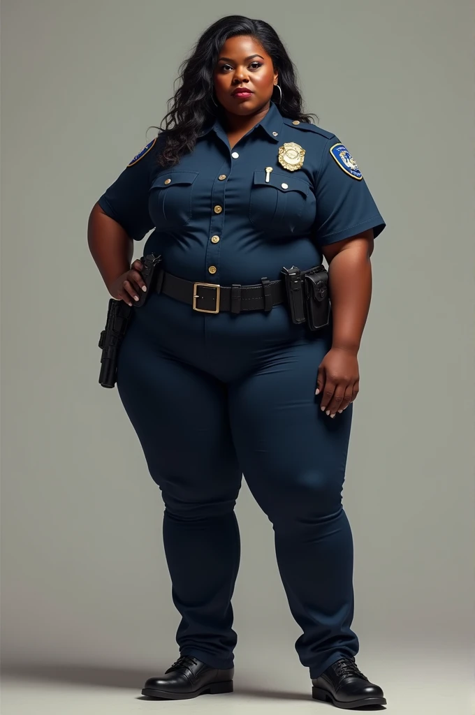 Ebony lady with brown skin and face looks chubby and body looks chubby and fit her body structure hourglass wearing police uniform