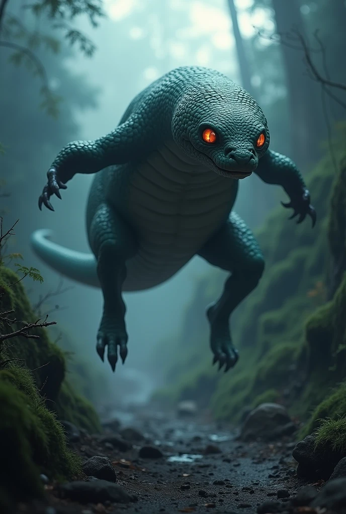 A scene capturing the moment when Tsuchinoko leaps into the air。The short body is abnormally bulging.、Although it looks like a snake、Its movements are as swift as those of a different creature.。In the dark mountain path、The sharp eyes of the Tsuchinoko reflect the light.、It emphasizes the creepy impression.。