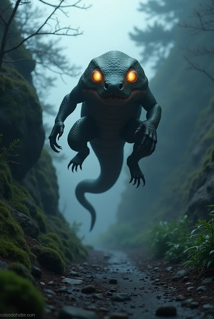A scene capturing the moment when Tsuchinoko leaps into the air。The short body is abnormally bulging.、Although it looks like a snake、Its movements are as swift as those of a different creature.。In the dark mountain path、The sharp eyes of the Tsuchinoko reflect the light.、It emphasizes the creepy impression.。