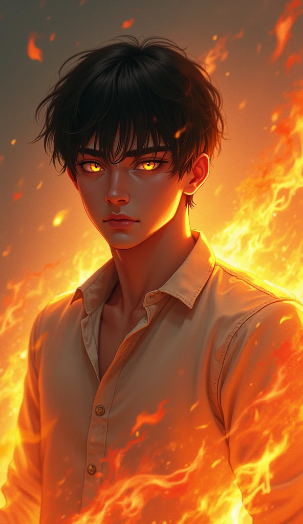 high detail, Clarity, 8 cc, young guy, age 27 , black hair, short haircut, yellow eyes, I am standing in fire, Realism, Fantasy,