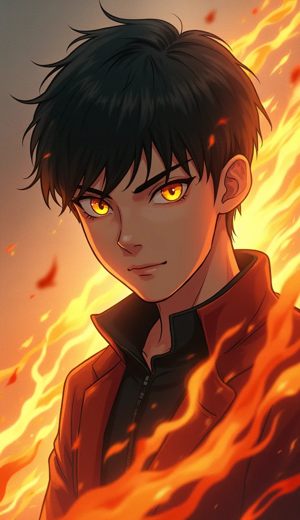 high detail, Clarity, 8 cc, young guy, age 27 , black hair, short haircut, yellow eyes, I am standing in fire, Realism, Fantasy,
