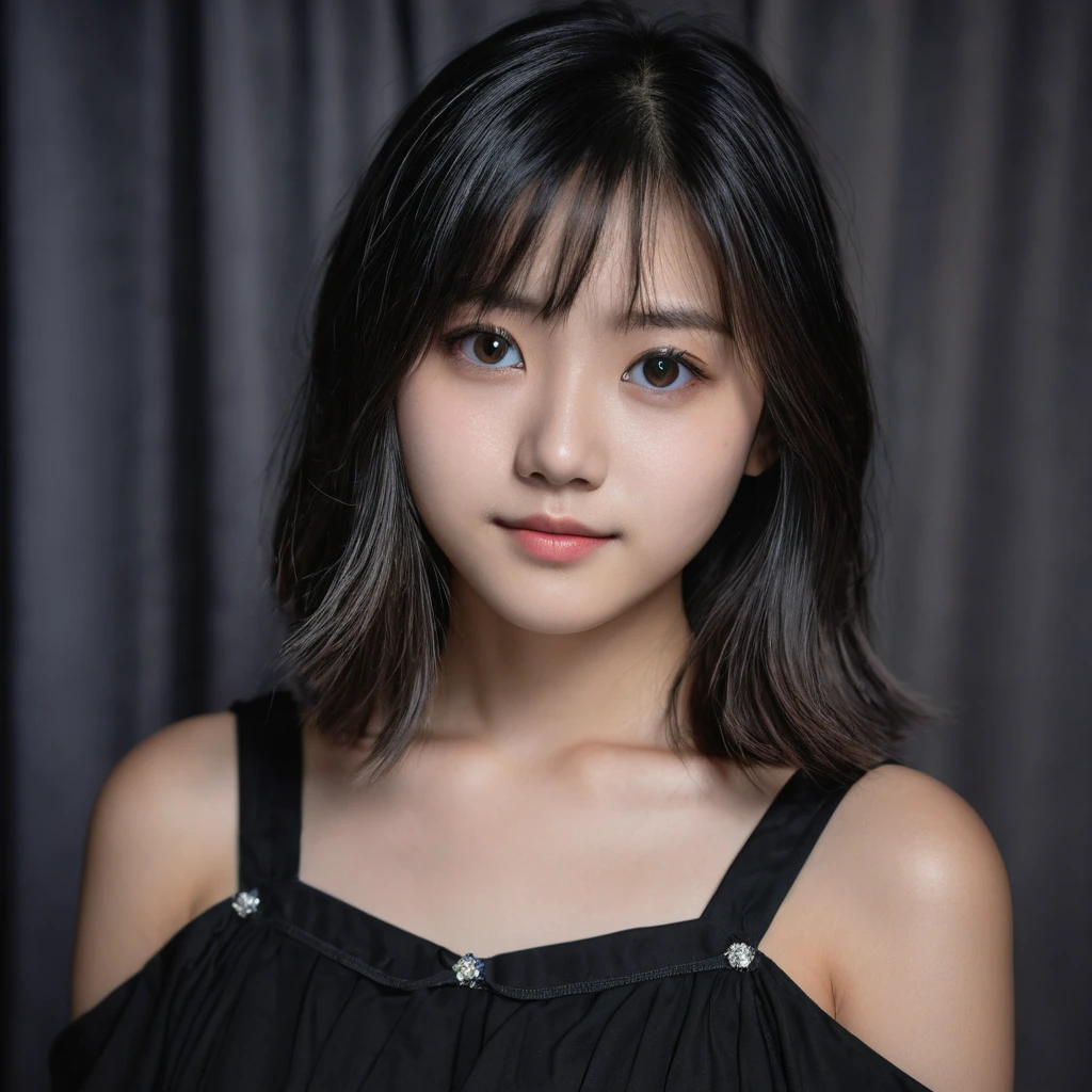 Yui, photo of female, age 15 year, grey perfect round pupils, black shoulder length hair with brown highlights; (dslr, ultra quality, film grain, Fujifilm XT3, crystal clear, 8K UHD, highly detailed glossy eyes, high detailed skin, skin pores); wear black cotton dress, at night, very dark, distance light in the background, full body photo