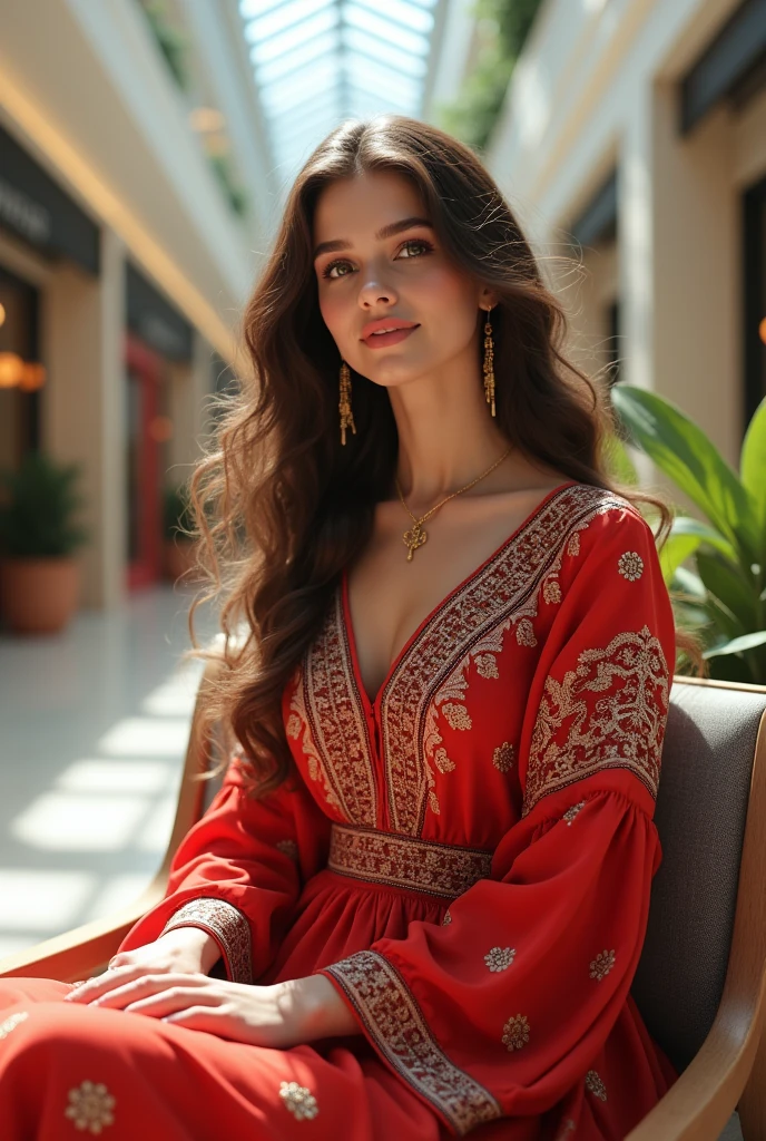 Create a photorealistic image of a beautiful woman with a slight smile on her face, wearing a traditional Turkish dress. She is seated in a modern mall environment. The scene includes contemporary mall decor with elegant shops and natural light coming from skylights or large windows. The woman’s long curly hair is styled gracefully, and her traditional attire contrasts with the modern setting. Ensure the mall's ambiance is warm and inviting, capturing a blend of cultural elegance and modern luxury. Emphasize the woman's relaxed and cheerful demeanor in this vibrant, realistic scene.