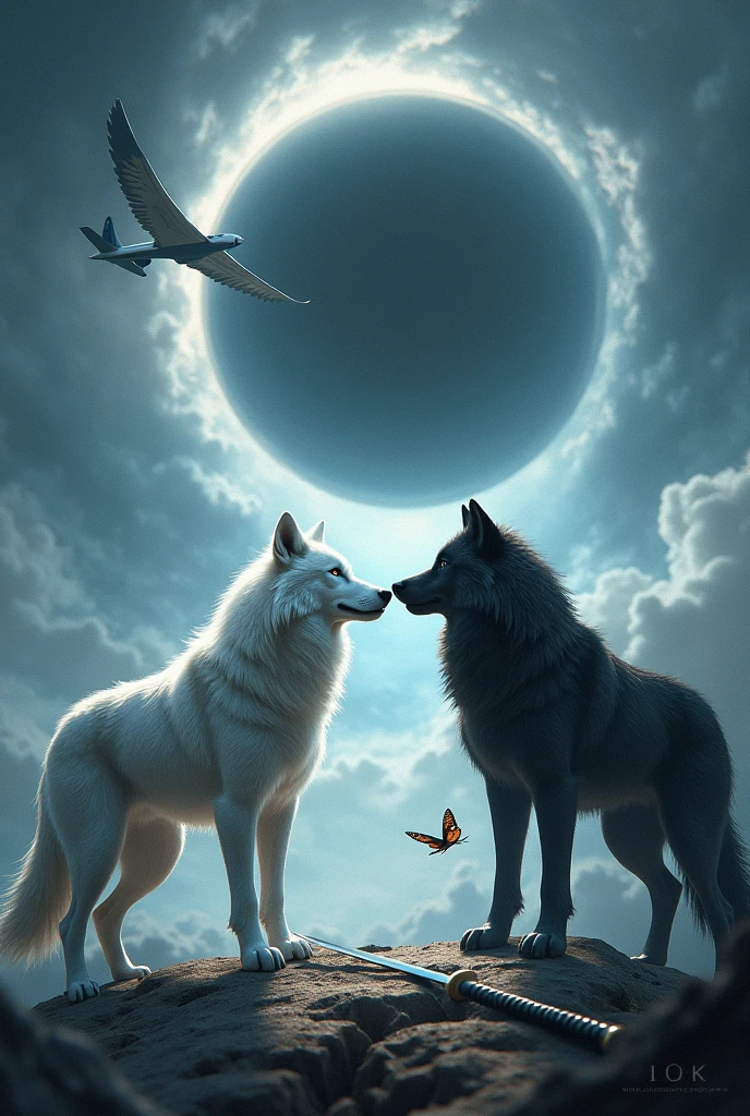 White Wolf, black wolf, who confronts, with an eagle and a butterfly, in the background a black hole Des dee an airplane, katana