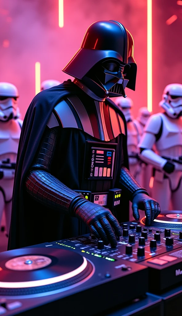 darth vader Djing on record playing Technics record player turntables with starwars picture disc records being played on the technics Sl1210s and a old school 2 channel dj mixer in between lines of marching stormtroopers

