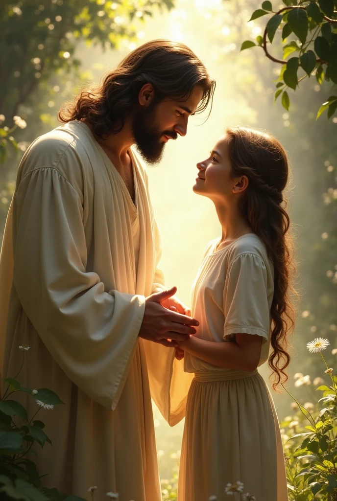 A delicate young girl hugging Jesus 