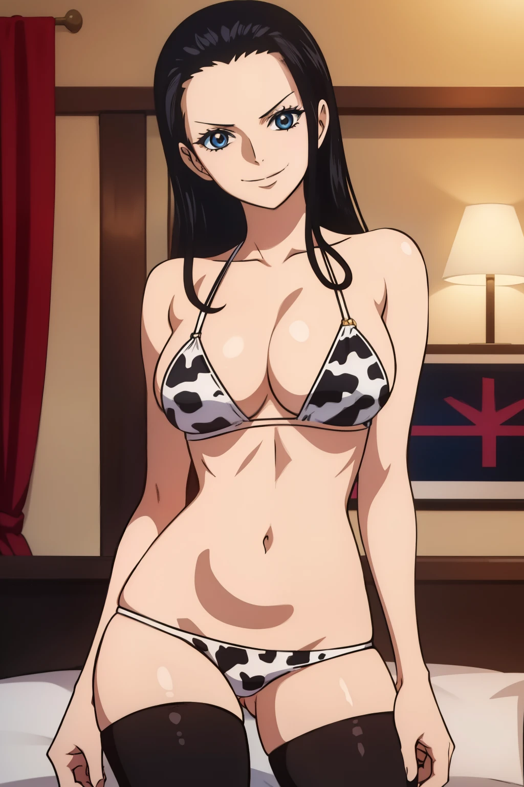 Nico robin   ,1girl , anime , hair , eyes , tube top , malicious face, smug smile , solo , no bra , huge breasts ,  cow bikini , stockings , looking at viewer , bedroom .  Naked