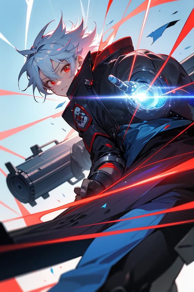 Silver-haired, red-eyed boy, about 7 years old, Shota, Cyborg, Right armｂto a cannon、Charged with blue energy. Sense of speed. A cannon charged with a large amount of red energy is coming from his back and pointing towards us. Background: Cracked hologram. Going crazy. Wearing black armor.
