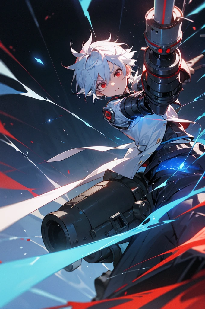 Silver-haired, red-eyed boy, about 7 years old, Shota, Cyborg, Right armｂto a cannon、Charged with blue energy. Sense of speed. A cannon charged with a large amount of red energy is coming from his back and pointing towards us. Background: Cracked hologram. Going crazy. Wearing black armor.