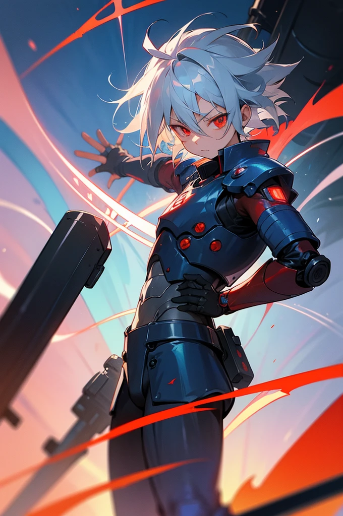Silver-haired, red-eyed boy, about 7 years old, Shota, Cyborg, Right armbto a cannon、Charged with blue energy. Sense of speed. A cannon charged with a large amount of red energy is coming from his back and pointing towards us. Background: Cracked hologram. Going crazy. Wearing black armor.