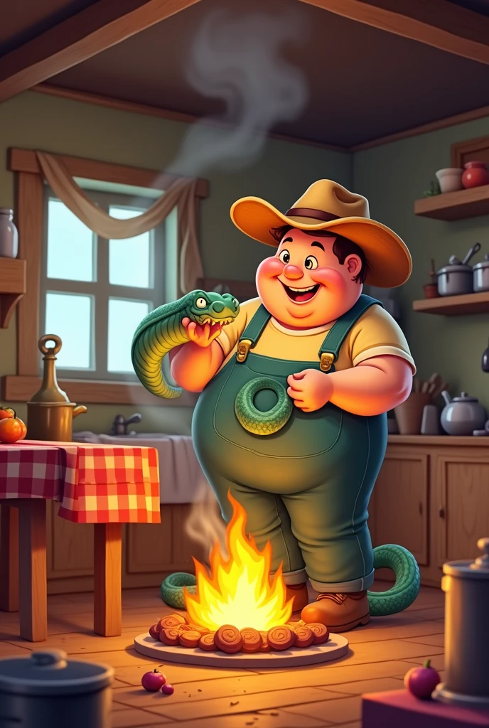 /imaginefarmer put the snake near the fire in the kitchen., . in cartoon style,-- ar 3.2