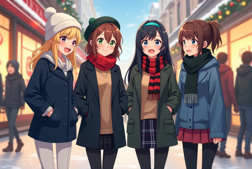 a group of anime girls shopping at a mall during winter

1. the first girl is blonde and wears a navy wool coat with belt around the waist, white beanie, and pants

2. the second girl has brown hair and wearing a turtleneck beige sweater with black pants, red scarf, and a black beret, no coat.

3. the third girl has long black hair wearing a dark coat with playful blue sweater, striped black and white scarf, skirt, leggings and a blue hairband 

4. the fourth girl has brown ponytail hair with hoodie, black pants, and dark green scarf,

they're all chatting to each other.