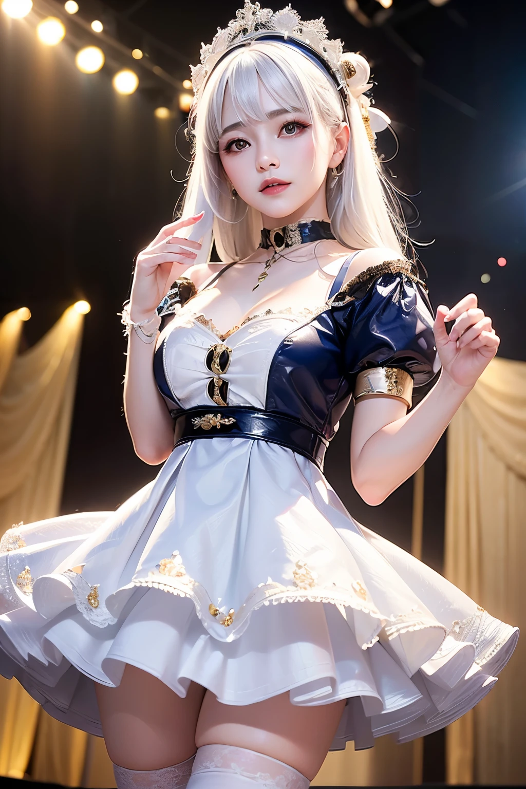 masterpiece,Highest quality,Very detailed,Beautiful girl in idol costume,,White Hair,stage