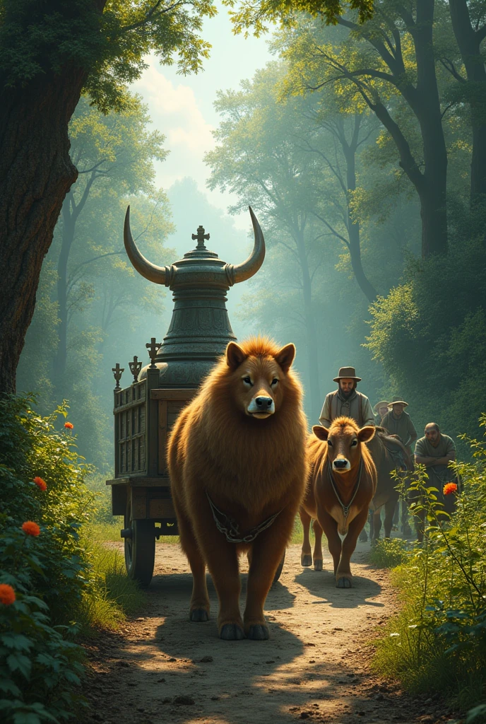 Pomeranian man in front of a small ox yoke carrying a church bell on top of a cart and other ox yokes and more people follow along a precarious road surrounded by the Atlantic forest.