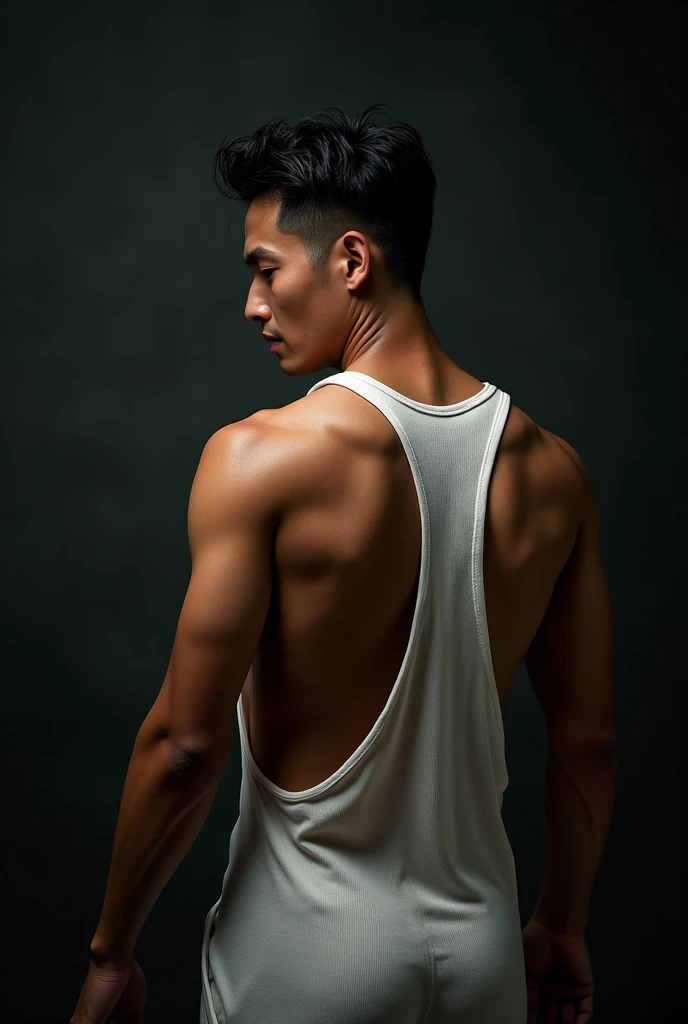 a handsome Asian man, he is wearing a springy white tank top, wet, standing on his back showing his ass, dramatic lighting, hyper-realistic, 8k, high quality, intricate details, cinematic composition, glowing skin, dramatic atmosphere, moody lighting