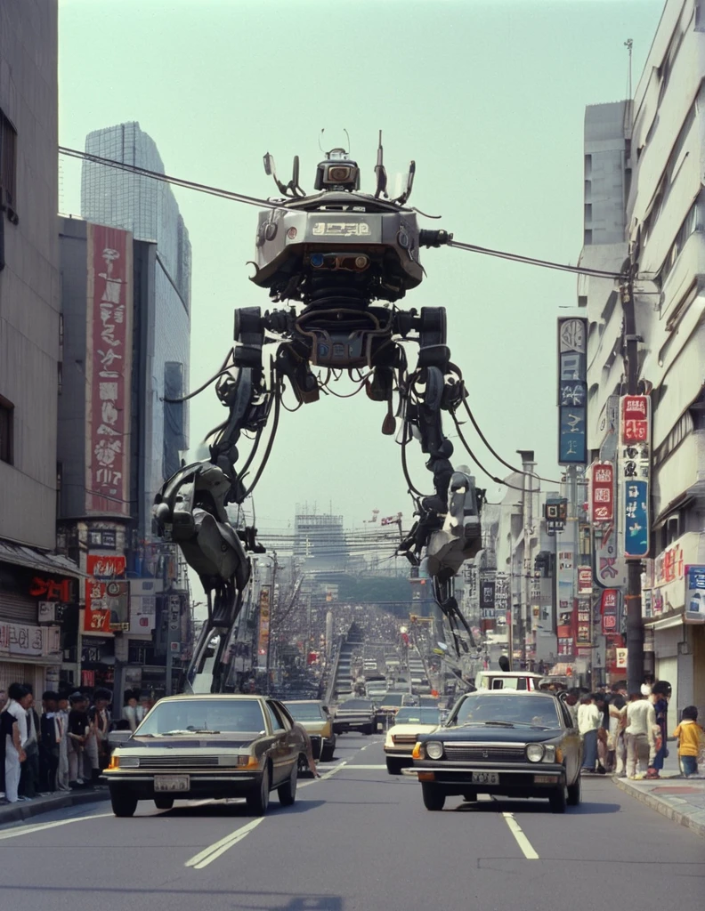 apocalyptic a robot with a large turret on its top, spider robot, reelmech, mechanical parts, cable, wires, machinery, joints, 
There are many cars and people on the city streets., Japan 1980s, Downtown Japan, Tokyo cityscape, Japan Streets, vintage footage of Tokyo cityscape, Tokyo cityscape set in 1982, Tokyo cityscape, Photos of Japan in the 80s, Japan Streets, in the Tokyo cityscape, Kodachrome : : 8k yen, Vintage Photography, Printed matter from the 1970s