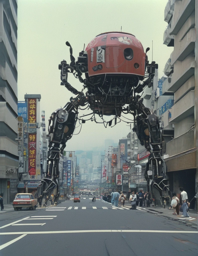 apocalyptic a robot with a large turret on its top, spider robot, reelmech, mechanical parts, cable, wires, machinery, joints, 
There are many cars and people on the city streets., Japan 1980s, Downtown Japan, Tokyo cityscape, Japan Streets, vintage footage of Tokyo cityscape, Tokyo cityscape set in 1982, Tokyo cityscape, Photos of Japan in the 80s, Japan Streets, in the Tokyo cityscape, Kodachrome : : 8k yen, Vintage Photography, Printed matter from the 1970s