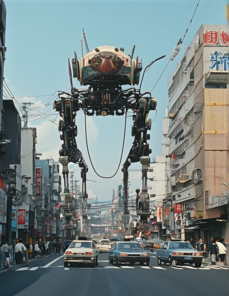 apocalyptic a robot with a large turret on its top, spider robot, reelmech, mechanical parts, cable, wires, machinery, joints, 
There are many cars and people on the city streets., Japan 1980s, Downtown Japan, Tokyo cityscape, Japan Streets, vintage footage of Tokyo cityscape, Tokyo cityscape set in 1982, Tokyo cityscape, Photos of Japan in the 80s, Japan Streets, in the Tokyo cityscape, Kodachrome : : 8k yen, Vintage Photography, Printed matter from the 1970s