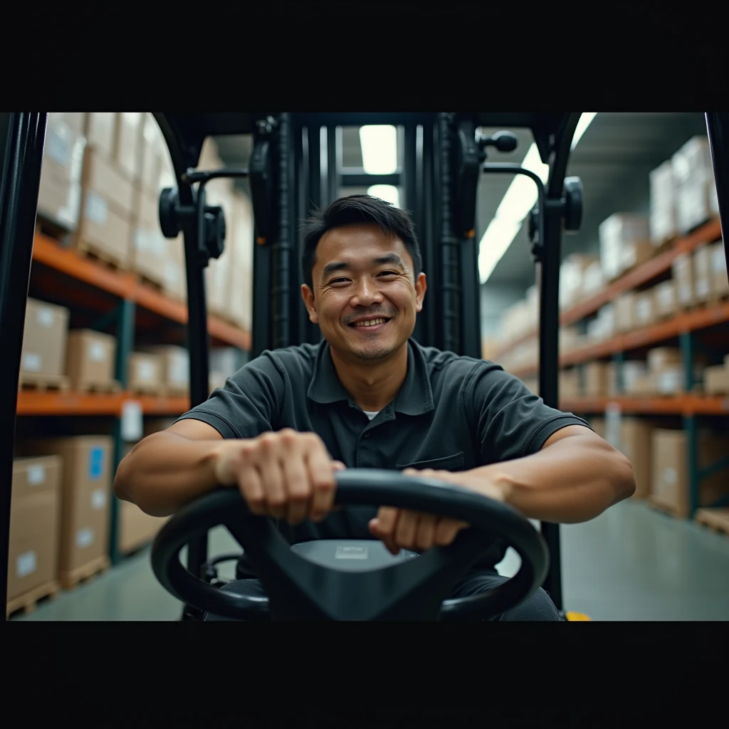 a person operating forklift(with hands) ,in warehouse (looking at the cameraman, gentle smile, glowing eyes, sparkling eyes, smile, light smile, Wide-Angle, Fujifilm, Wide-Angle, Fujifilm, masterpiece, accurate, super detail, high details, high quality, best quality, highres, HD, 4K, masterpiece, accurate,, super detail, high details, high quality, best quality, highres, HD, 4K