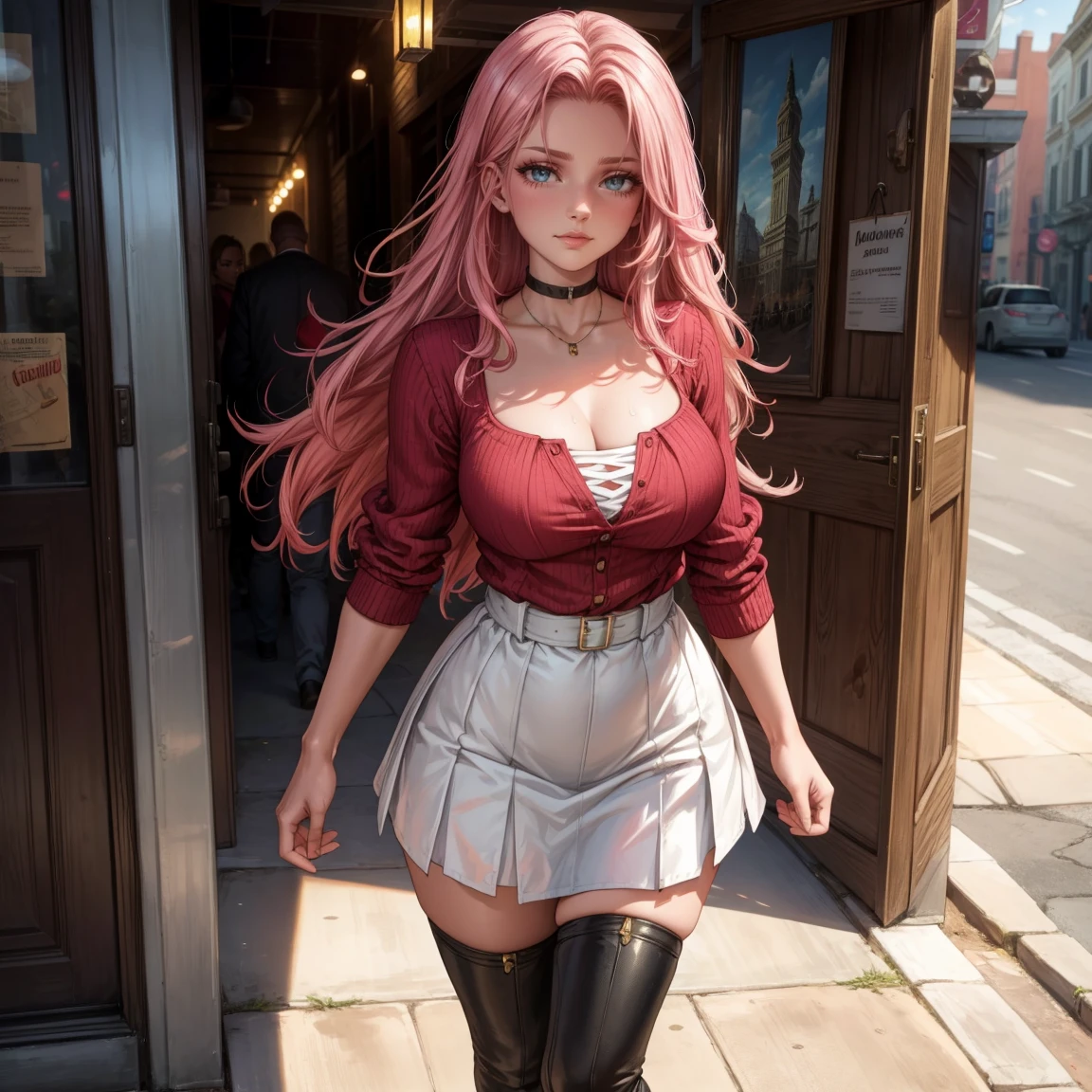 Masterpiece, beautiful art, 8k, art style by sciamano240, very detailed face, detailed hair, detailed clothes, detailed fabric, 1girl, beautiful face, long hair, hot pink hair , model head shot, facing camera, very detailed green eyes, sultry smile, wearing classy fall clothes, white dior thigh boots, white pencil skirt, walking , out shopping, necklace, chocker, rosey cheeks, sunny fall setting, full body view, photorealistic, indirect lighting, volumetric light, ray tracing, hyper-detailed, best quality, ultra-high resolution, HDR, (8k, Best Quality, Masterpiece:1.2), Ultra Detail, RAW Photo, Super Resolution, Professional Photo, Extremely Detailed and Beautiful, lot of drool, sweat, belly inflation