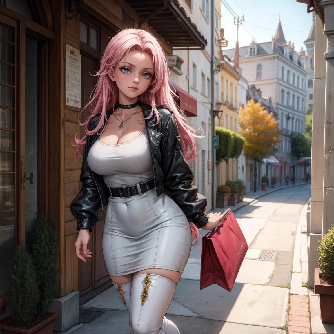a leather jacket Kizi Naked leather jeans A smile beste-Qualit masterpiece a beautiful lady Super-High Resolution long Pink hair Twin-tailed
